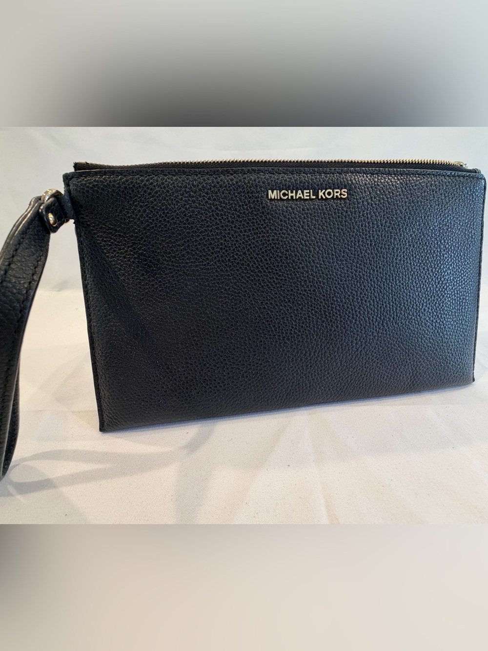 Michael Kors Black Pebbled Leather Wristlet Clutch with Gold Logo